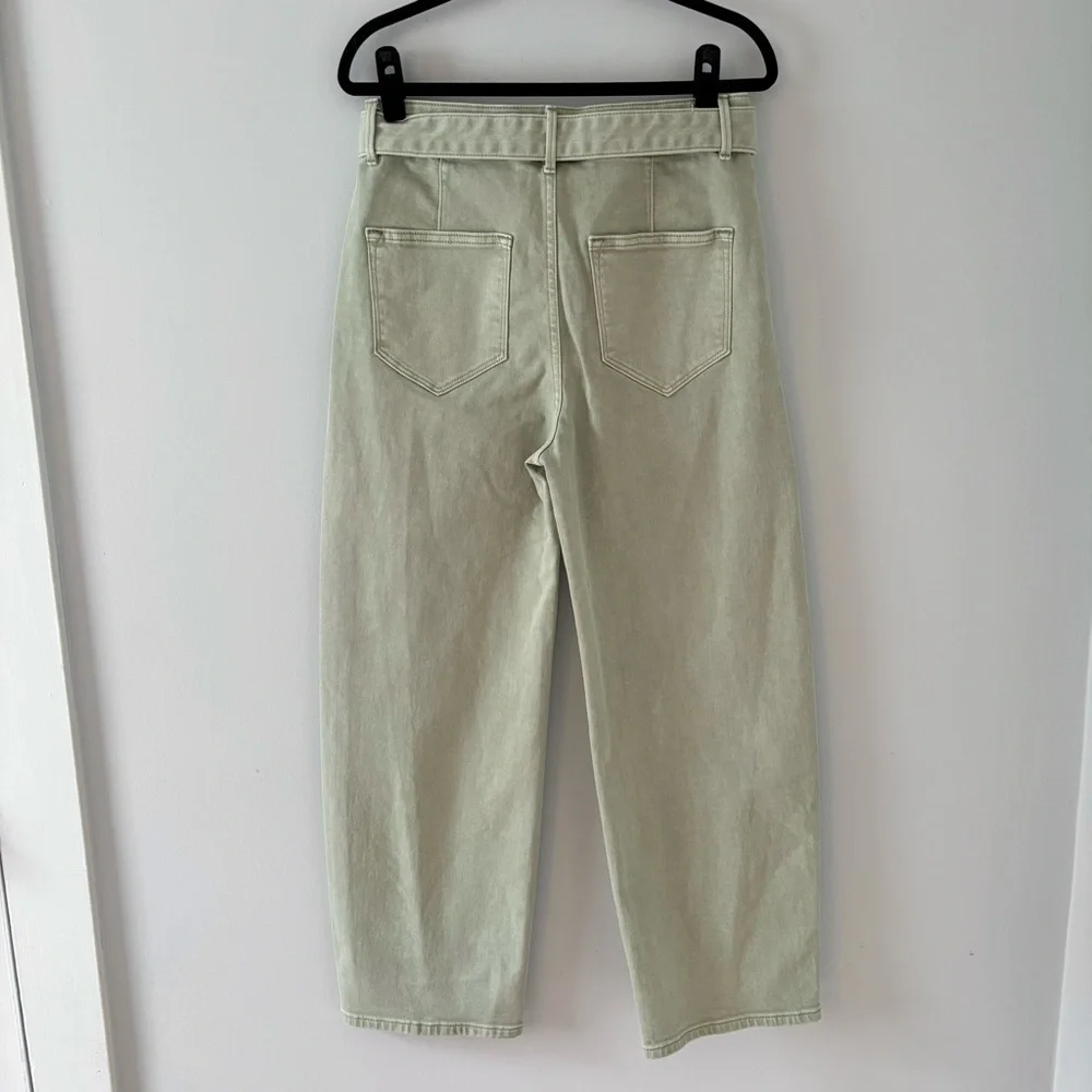 EUC Driftwood Spencer Barrel Leg Pants Jeans Denim Belted Structured Green Sz 28